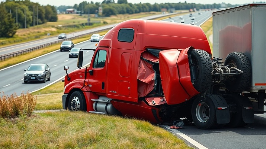 Crumpled red semi-truck from an I-20 crash investigation on a highway.
