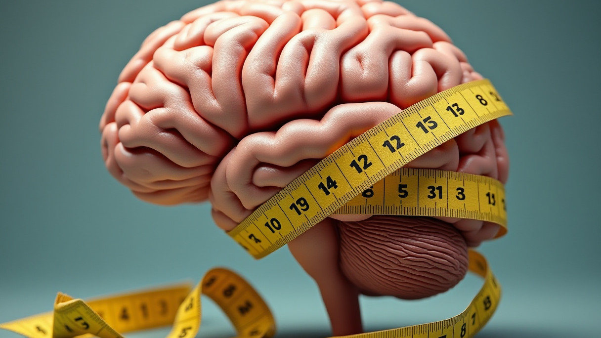 Close-up of a brain with a measuring tape, highlighting cognitive health in Dallas lifestyle.