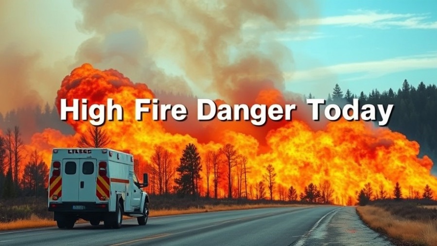 Dramatic wildfire scene in San Antonio shows high fire danger today with emergency response truck.