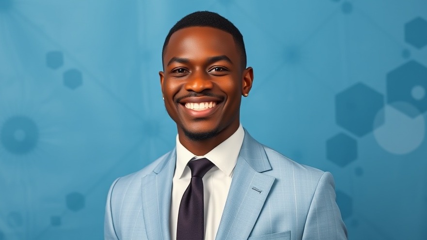 Smiling gay black man in a blue suit symbolizes freedom of press in immigration protest.