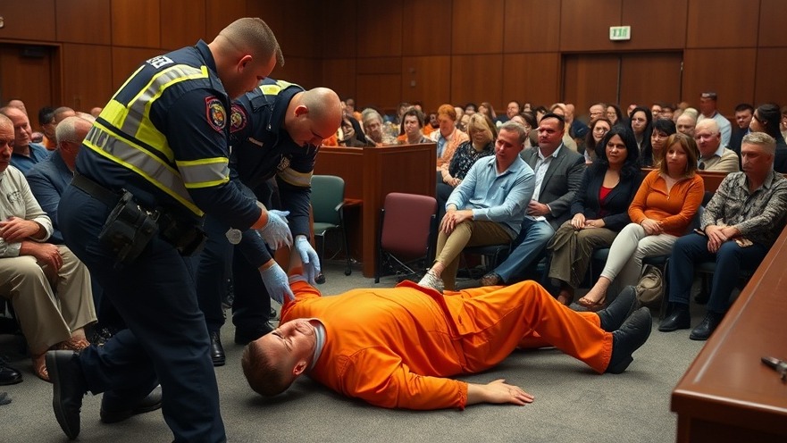 Paramedics treating prisoner in courtroom highlights domestic violence impact.