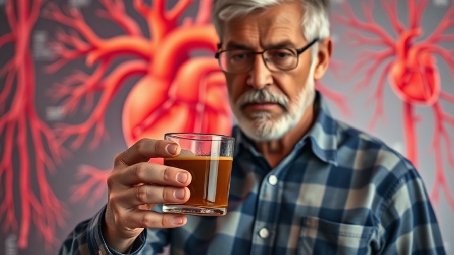 Middle-aged man exploring heart health with coffee and vascular model.