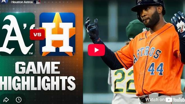 Astros vs. Athletics game highlights with player in action.