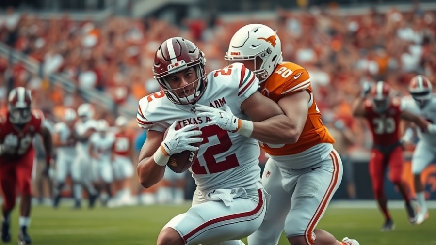 Intense college football rivalry scene depicting Arch Manning performance during a tackle.
