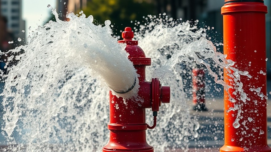 Dynamic water burst from fire hydrant in urban scene, highlighting pelvic floor dysfunction.