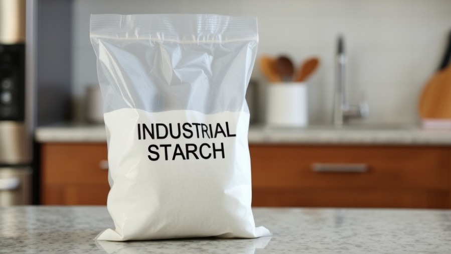 Bag labeled 'INDUSTRIAL STARCH' highlighting health risks of sugar and refined carbohydrates.