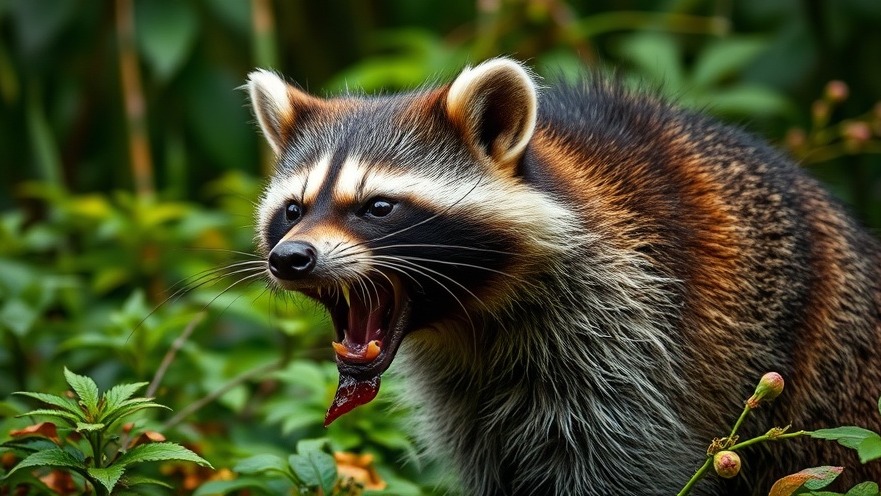 Snarling raccoon in lush greenery highlighting Texas wildlife and rabies precautions.