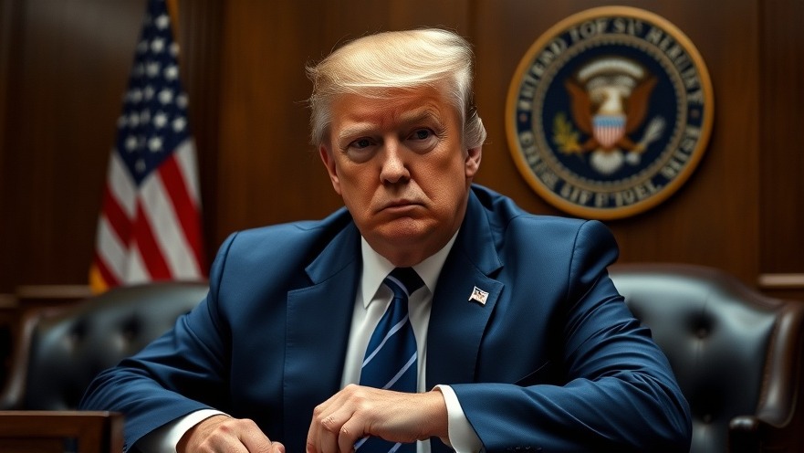 Photorealistic image of Trump in a blue suit discussing immigration policy, serious expression.