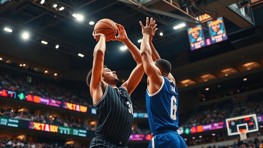 Photorealistic NBA highlights featuring a player shooting over a defender in a vibrant arena.