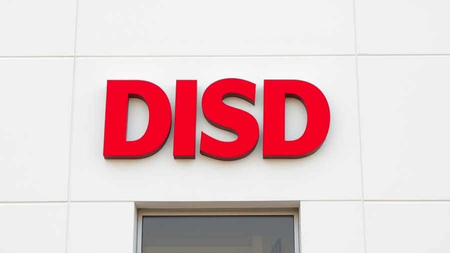 Bold red DISD logo on a white building, reflecting Austin education news and student mental health support.