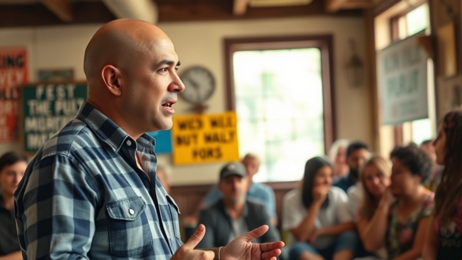 Bald Hispanic male speaker discusses Texas election updates in a cozy venue.