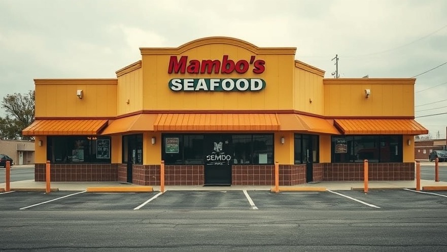 Deserted Mambo Seafood restaurant facade in San Antonio, highlighting its shutdown.