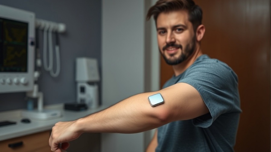 Young man with electronic patch in doctor's office showcasing Chronic Wounds Technology.