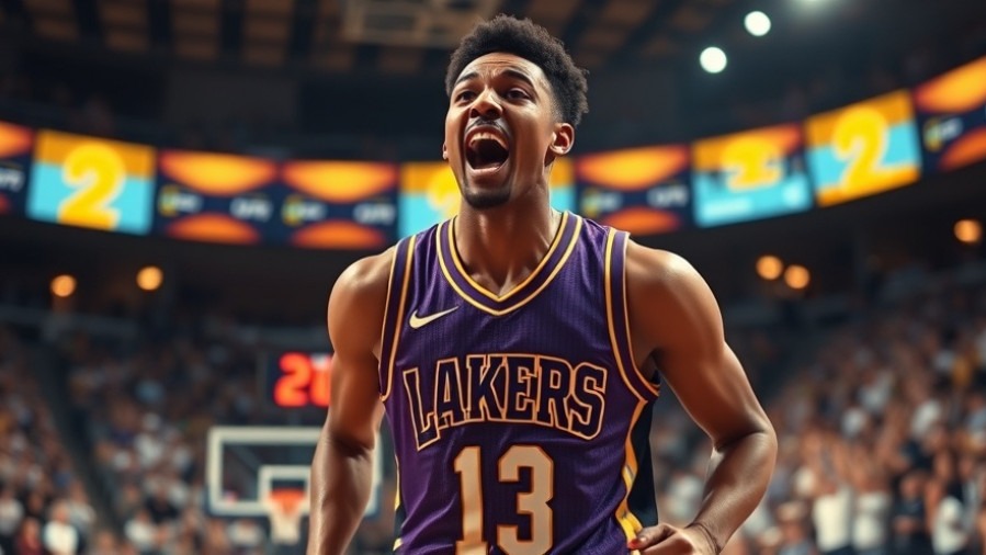 Energetic LAKERS player showcases basketball highlights in a vibrant stadium.