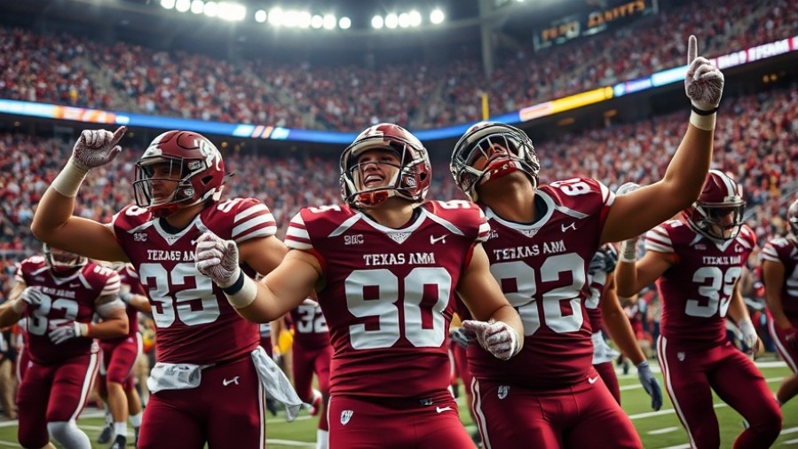 Dynamic college football highlights of Texas A&M Aggies celebrating, showcasing Marcel Reed and Ahmad Hardy's performance.