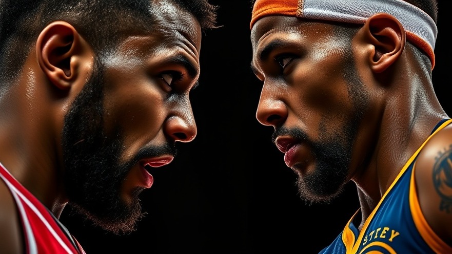 Intense basketball face-off: Houston Rockets vs Golden State Warriors, showcasing vibrant team colors.