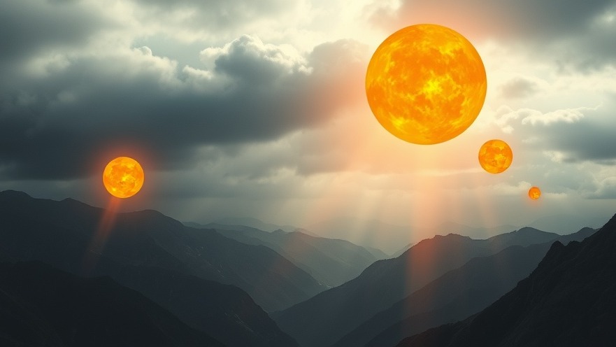 Mysterious orange glowing orbs in UFO sightings, emitting beams of light over mountains.