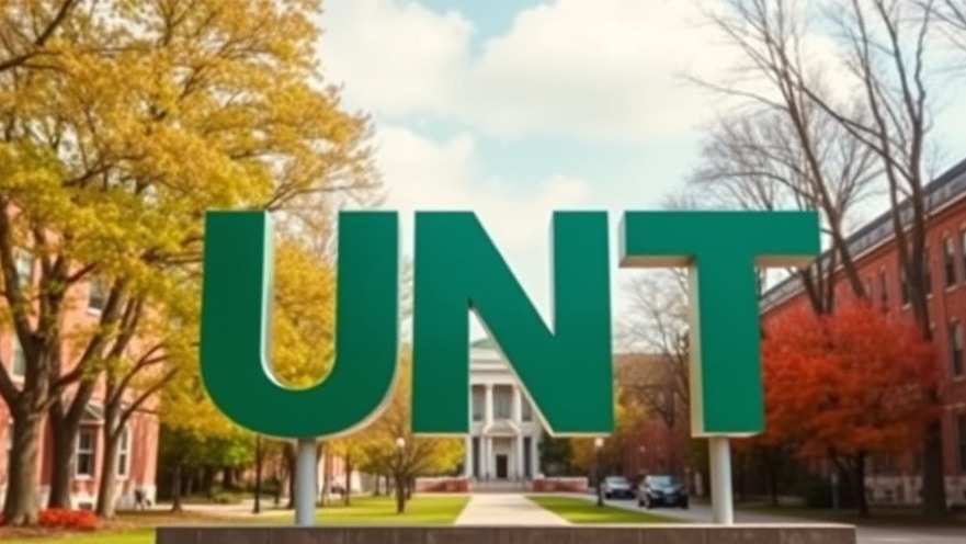Photorealistic UNT sign in a serene Dallas university setting, showcasing latest Dallas education news.