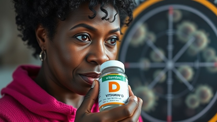 Middle-aged black woman holding a vitamin D bottle, emphasizing immune health and autoimmune diseases.