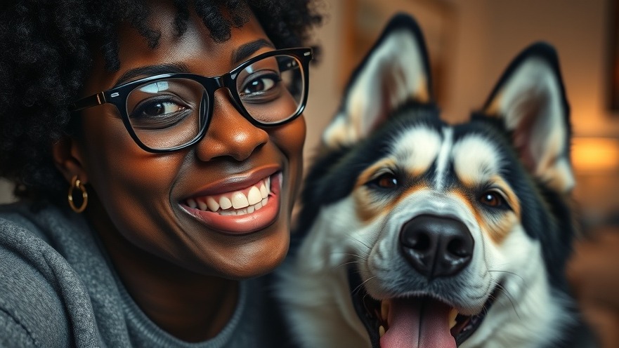 Cheerful Black woman and Husky dog indoors, highlighting Houston news on missing persons.
