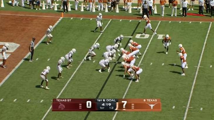 Texas Longhorns vs Texas State football player in action with team logos.