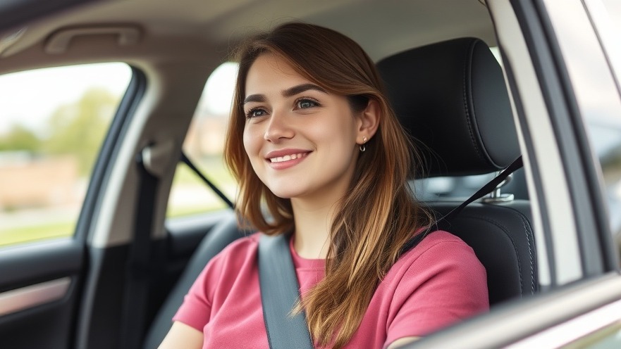 Young woman in a car demonstrating seat belt compliance for Austin traffic safety.