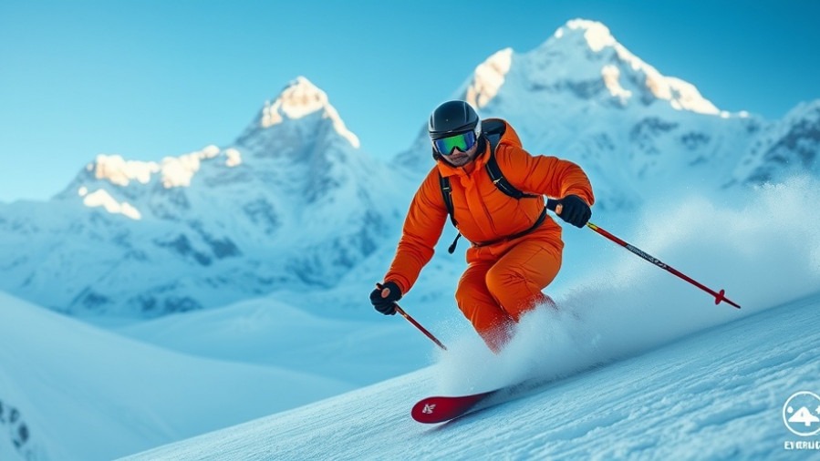 Experienced skier in orange suit extreme skiing down icy slope at Mount Everest.