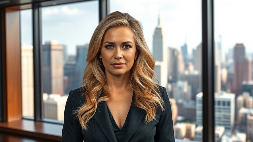 Dirty blond female news anchor discussing current political events with a vibrant city skyline.