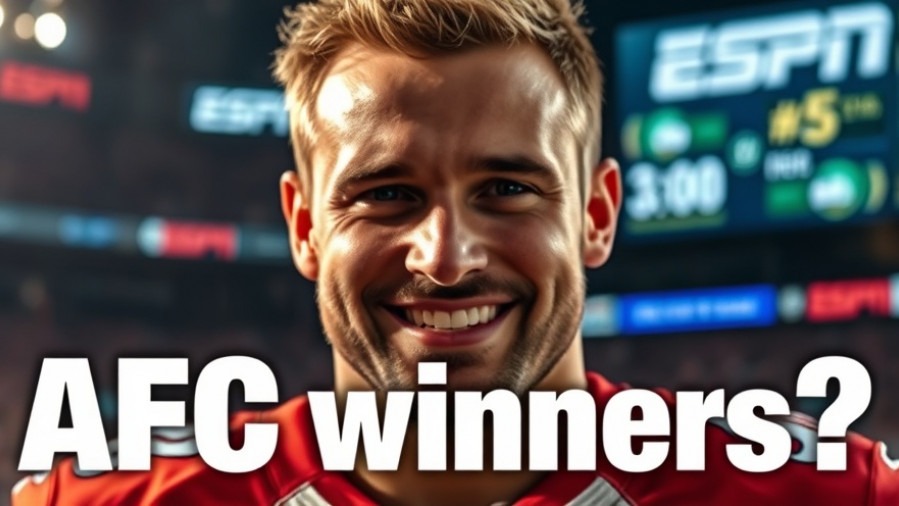 Smiling man in New England Patriots attire asks 'AFC winners?' against dynamic NFL playoffs backdrop.