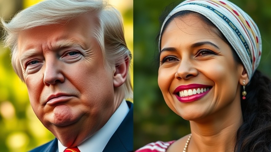 Contrasting portraits of Trump and a smiling Venezuelan woman, showcasing Machado's democracy efforts.