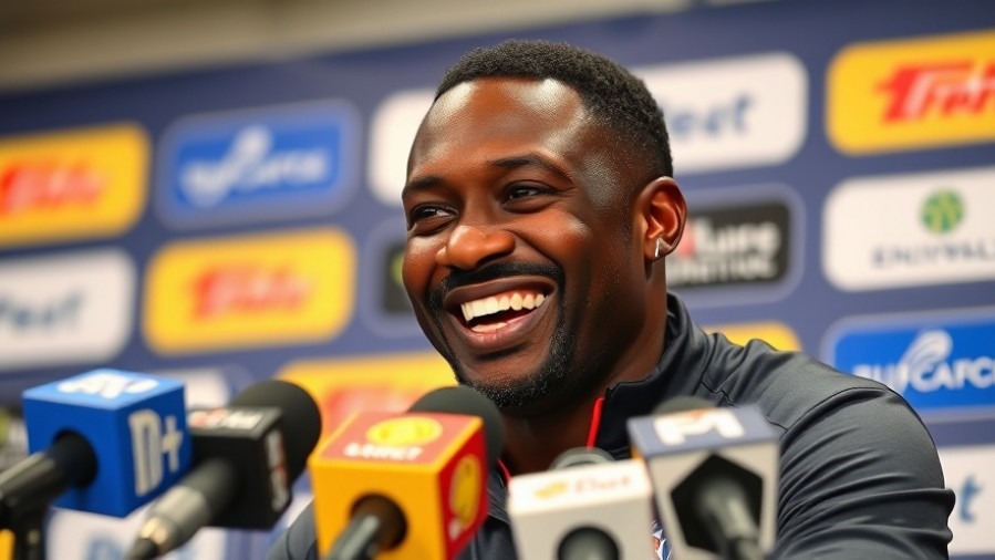 Happy coach discussing teamwork in sports at a press conference.