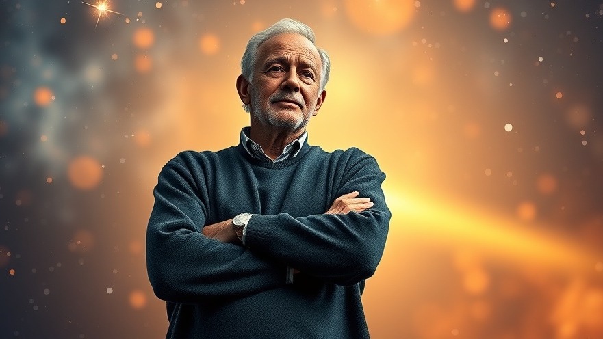 Older man practicing mindfulness habits against a celestial background.