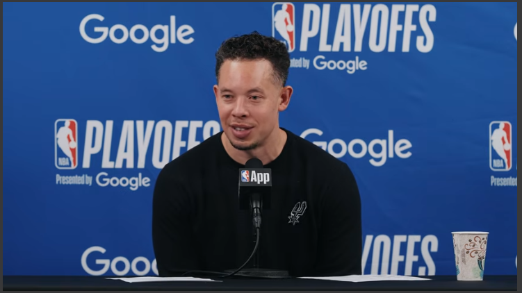San Antonio Spurs highlights basketball shot during press conference.