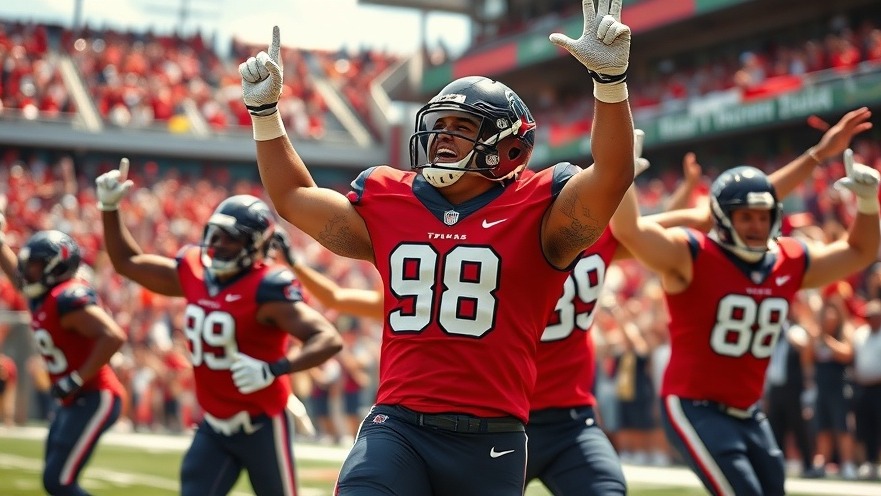 Houston Texans victory celebration with players jubilantly cheering after C.J. Stroud's standout performance.