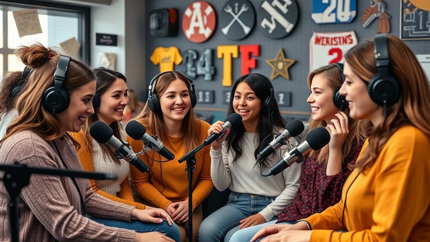 Diverse young women discussing sports in a podcast studio, highlighting youth engagement in sports.