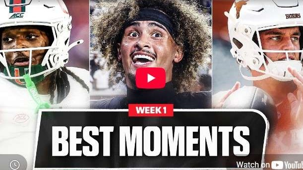 Best Plays from Week 1 College Football showing three players celebrating.
