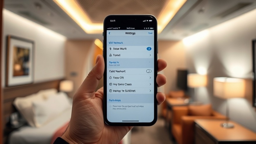 A person in a hotel room checks Wi-Fi settings to protect personal data, showcasing cybersecurity in hotels.