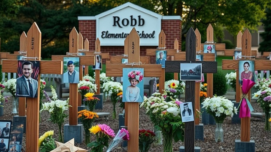 Memorial for Uvalde shooting victims with crosses, flowers, and 'Robb Elementary School' sign.