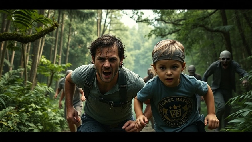 Tense moment in a zombie franchise: rugged man and child flee ravenous zombies in a forest.