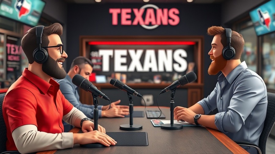 Three animated men discussing Houston Texans performance with vibrant studio backdrop.