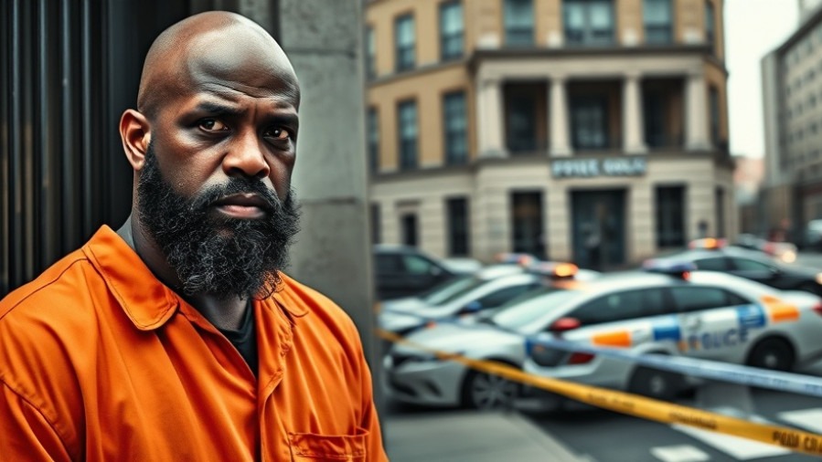 Serious man in prison jumpsuit near police scene, highlighting campus violence and student security.
