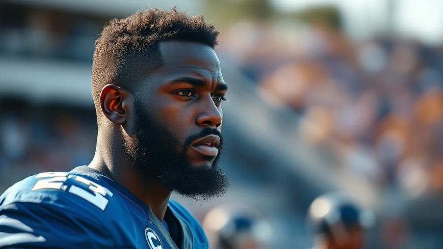 Determined black athlete in blue jersey preparing for game amid New England Patriots news.