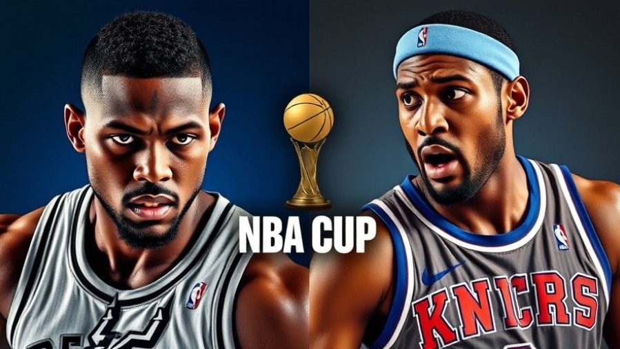 Spurs and Knicks players showcase intense rivalry in NBA Cup performance poster.