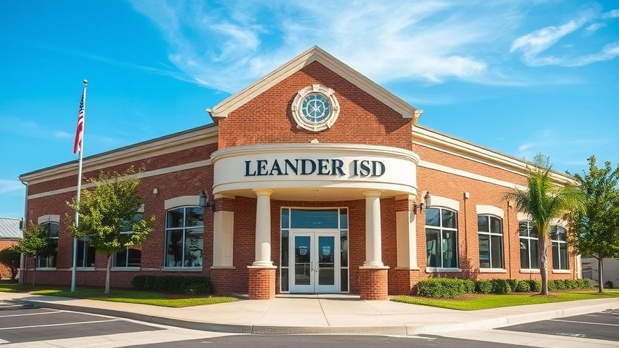 Leander ISD office building sign highlighting community involvement in education.