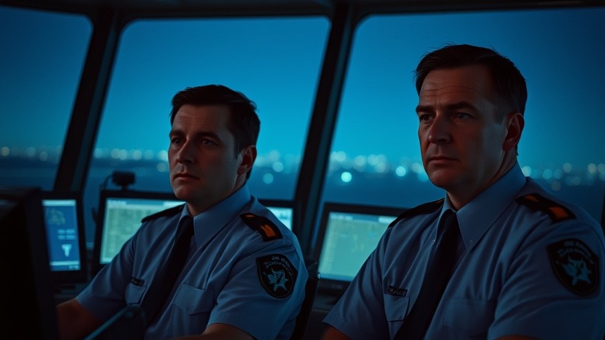 Two air traffic controllers in uniform facing overnight staffing challenges in a dimly lit tower.