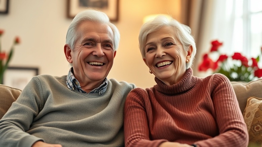 Elderly couple smiling warmly in cozy living room, embodying Houston relationships and love longevity.