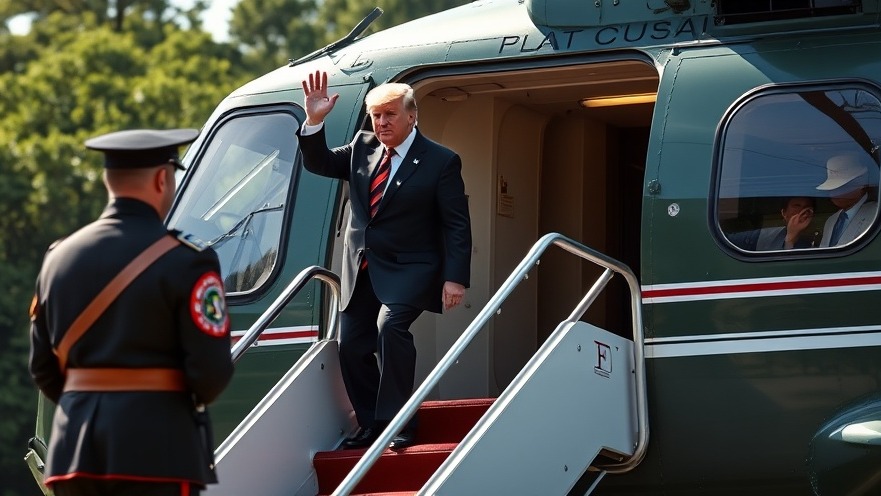Trump waving as he ascends helicopter stairs, showcasing aviation safety and authority.