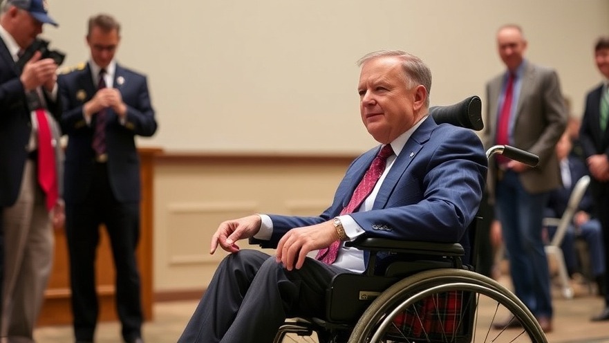 Texas Governor Gregg Abbott promoting food assistance programs in a wheelchair.