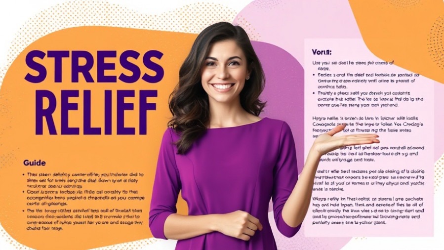 Smiling woman in purple dress sharing mental health tips for stress relief in a vibrant design.