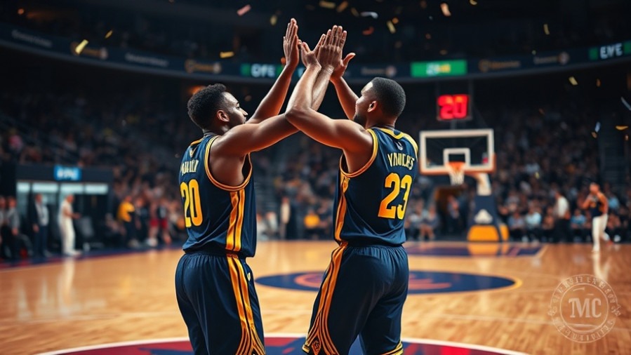 Jubilant NBA players celebrate with high-fives amid confetti, showcasing vibrant game energy.